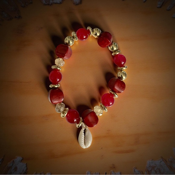 Sista Soul Kreations Jewelry - Red Beaded Cowrie Shell Bracelet ✨ Boho Gold Accent Stretch Bracelet | Handmade